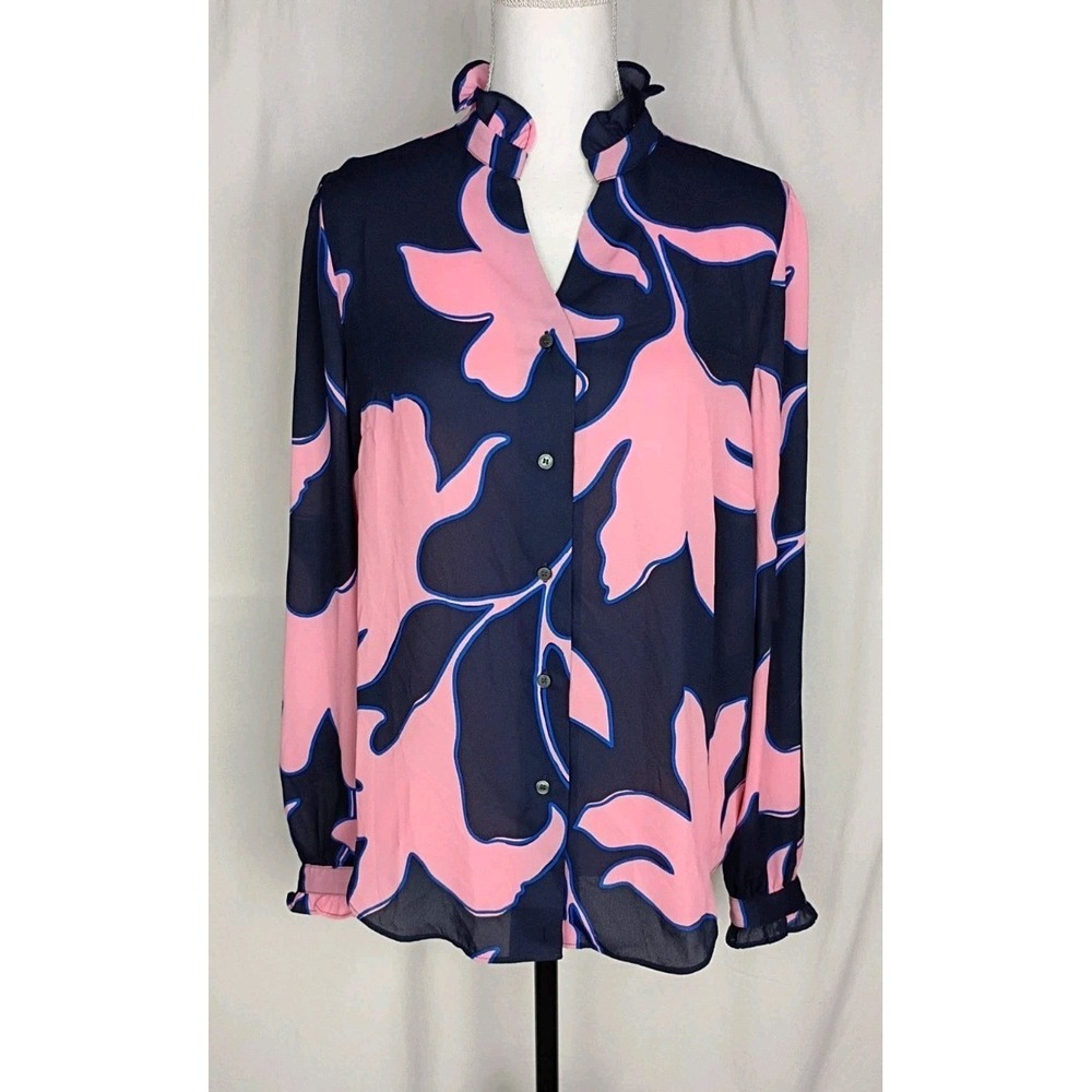 Ann Taylor Ruffled Collar Women's Blouse Shirt Sz M Floral Pink/Blue New